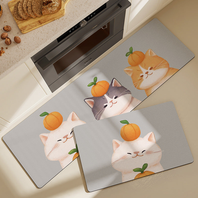 Feblilac Cute Cat and Orange PVC Leather Kitchen Mat