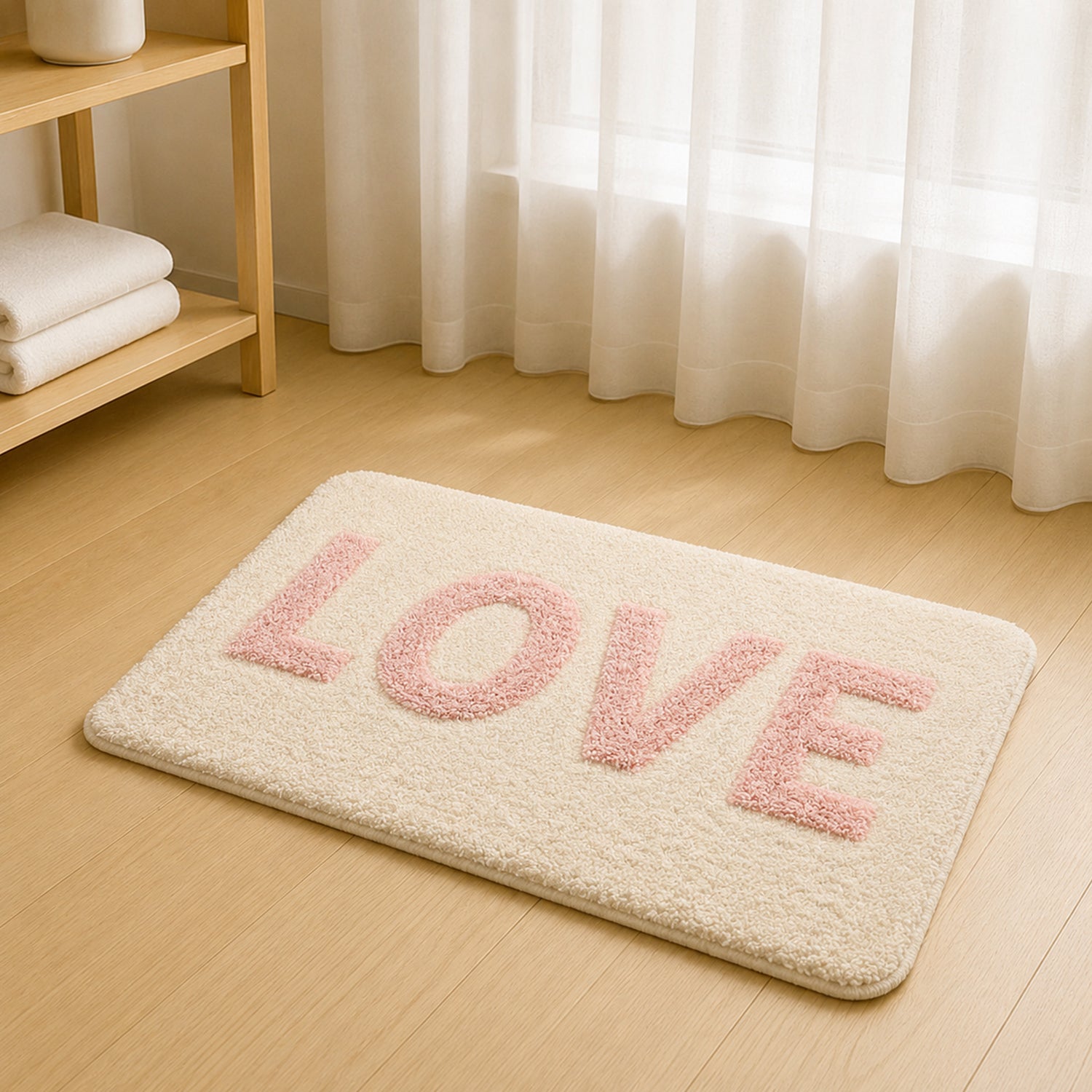 Feblilac LOVE tufted bath mat on warm wood floor with white curtains