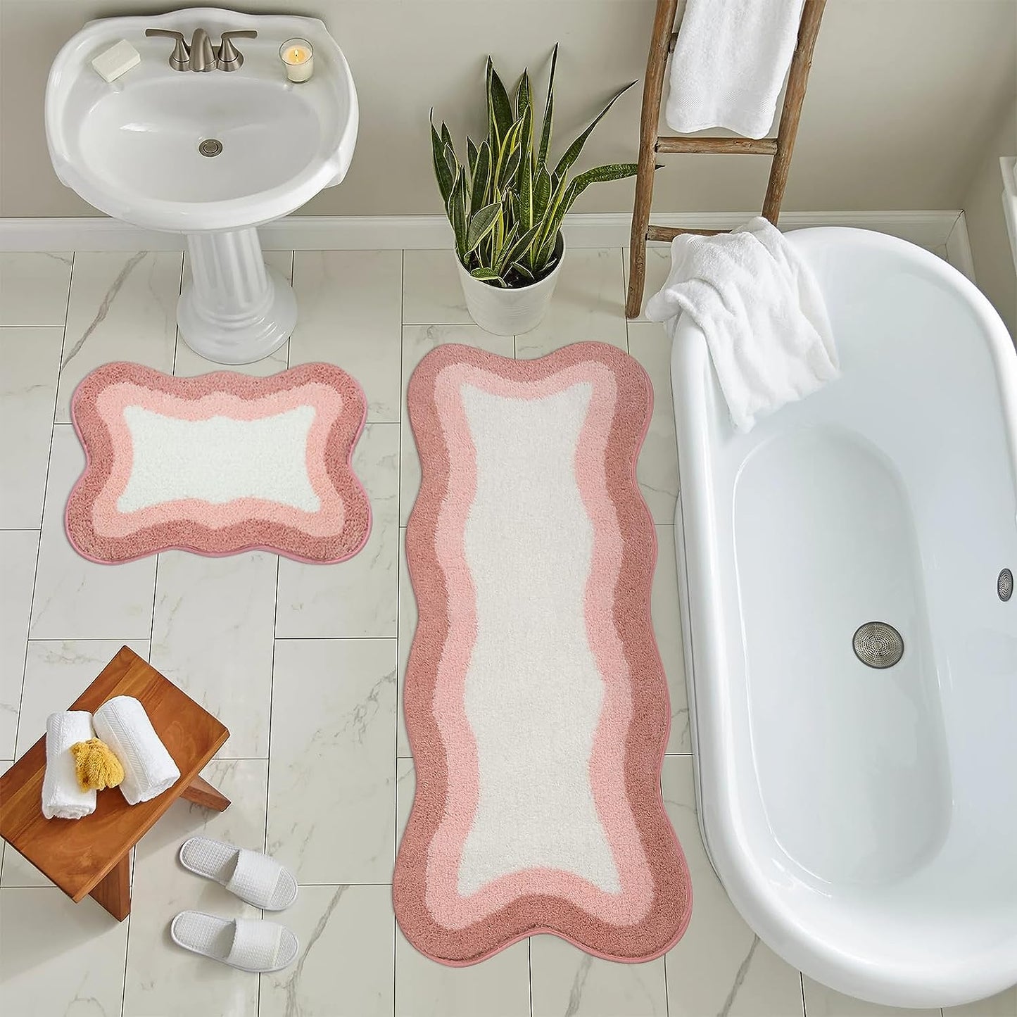 Pink Gradient Bath Mats, Rug for Bathroom, Cute Non-Slip Irregular Shape Carpet for Shower Room