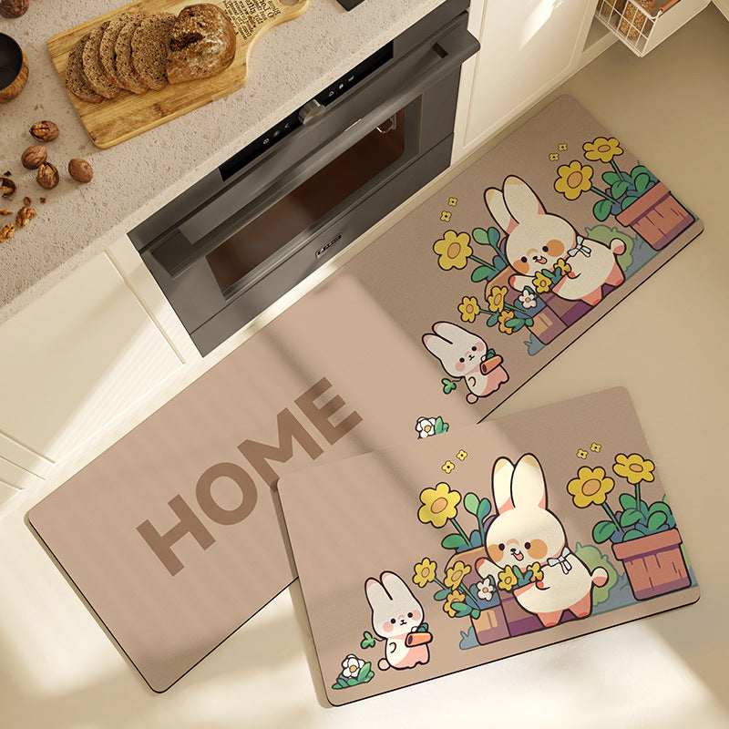 Feblilac Cartoon Rabbit and Flower PVC Leather Kitchen Mat