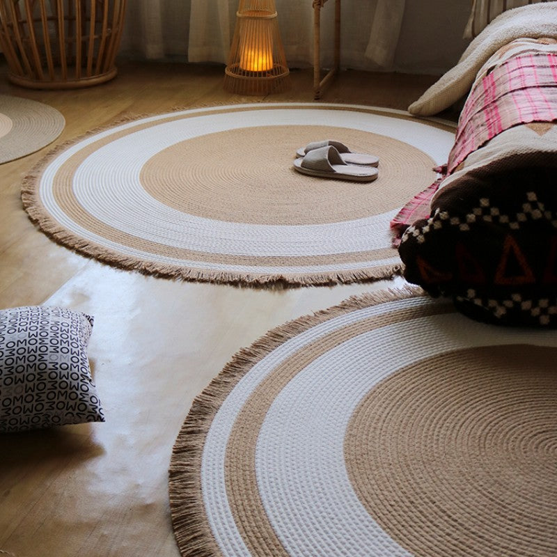 Feblilac Round Brown and White Handmade Jute Livingroom Carpet Area Rug