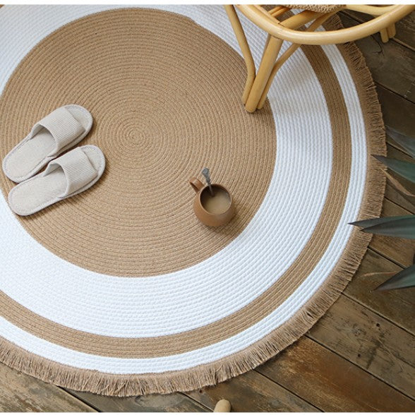 Feblilac Round Brown and White Handmade Jute Livingroom Carpet Area Rug