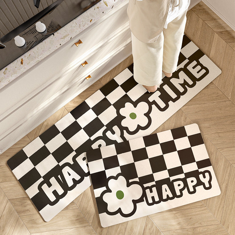 Feblilac Checkerboard and Flower PVC Leather Kitchen Mat