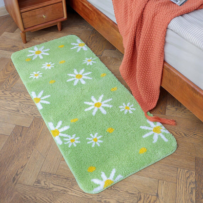 Feblilac Daisy Flowers Bedroom Runner, Floral Green Soft Indoor Area Rug, Water Absorbent Non-Slip Microfiber Mat for Hallway Laundry Room Rug