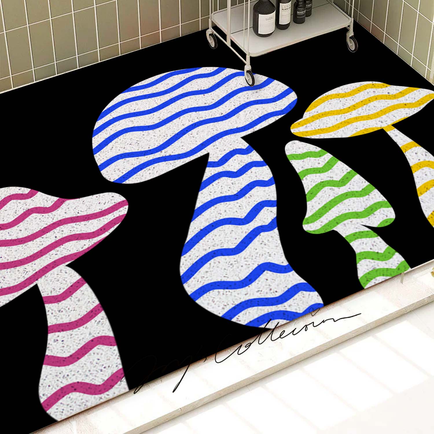 Feblilac Black Background Color Mushroom PVC Coil Bathtub Mat and Shower Mat
