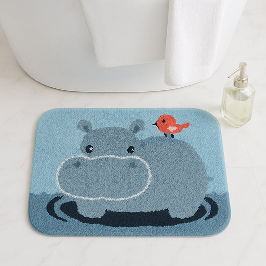 Feblilac Hippo and Bird in Water Tufted Bath Mat