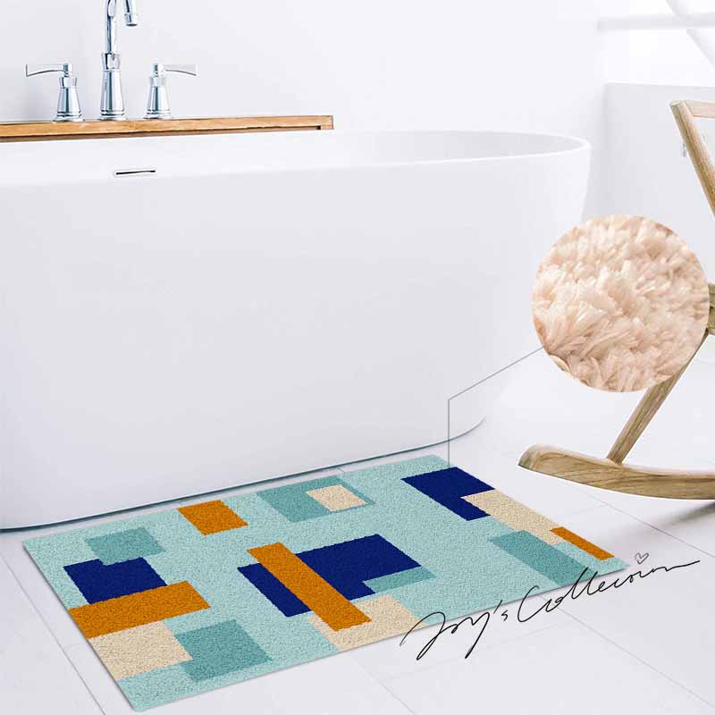 Feblilac Blue and Brown Squares Geometric Tufted Bath Mat