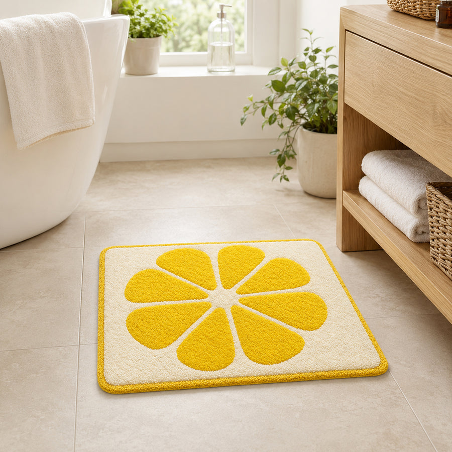 Feblilac Lemon Slice Tufted Bath Mat, Yellow Citrus Bathroom Rug, Soft Absorbent Non-Slip Washable Floor Mat,