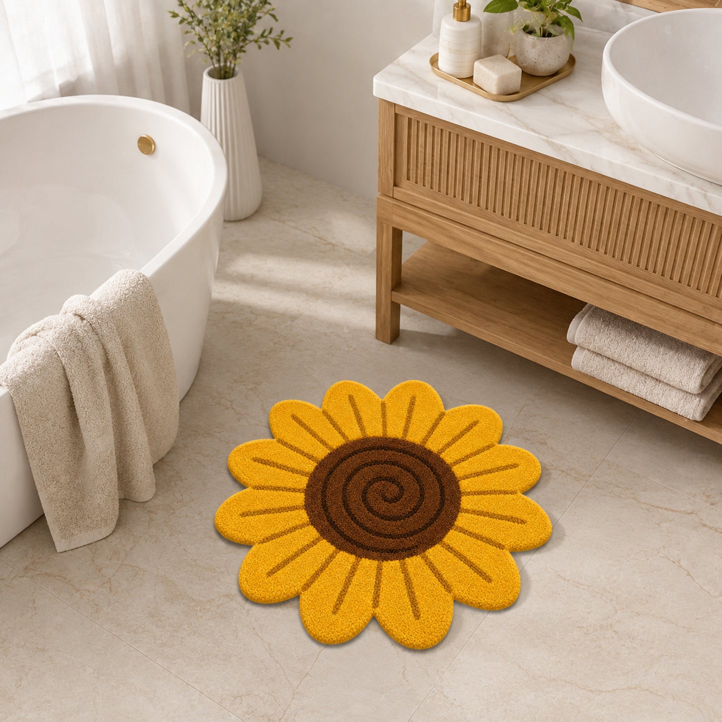 Feblilac Yellow Sunflower Bath Mat, Cute Flower Bathroom Rug