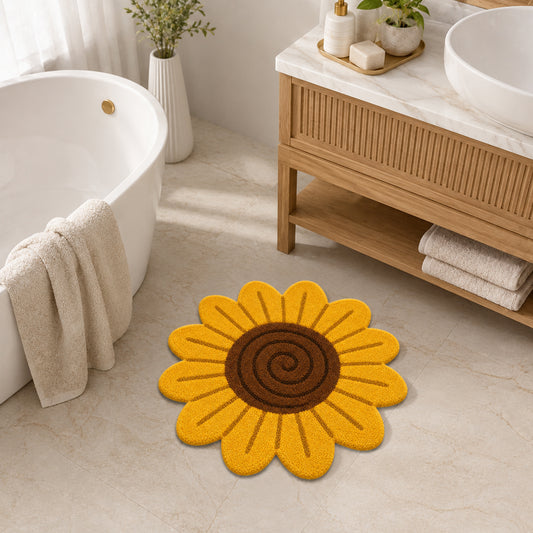 Feblilac Yellow Sunflower Bath Mat, Cute Flower Bathroom Rug