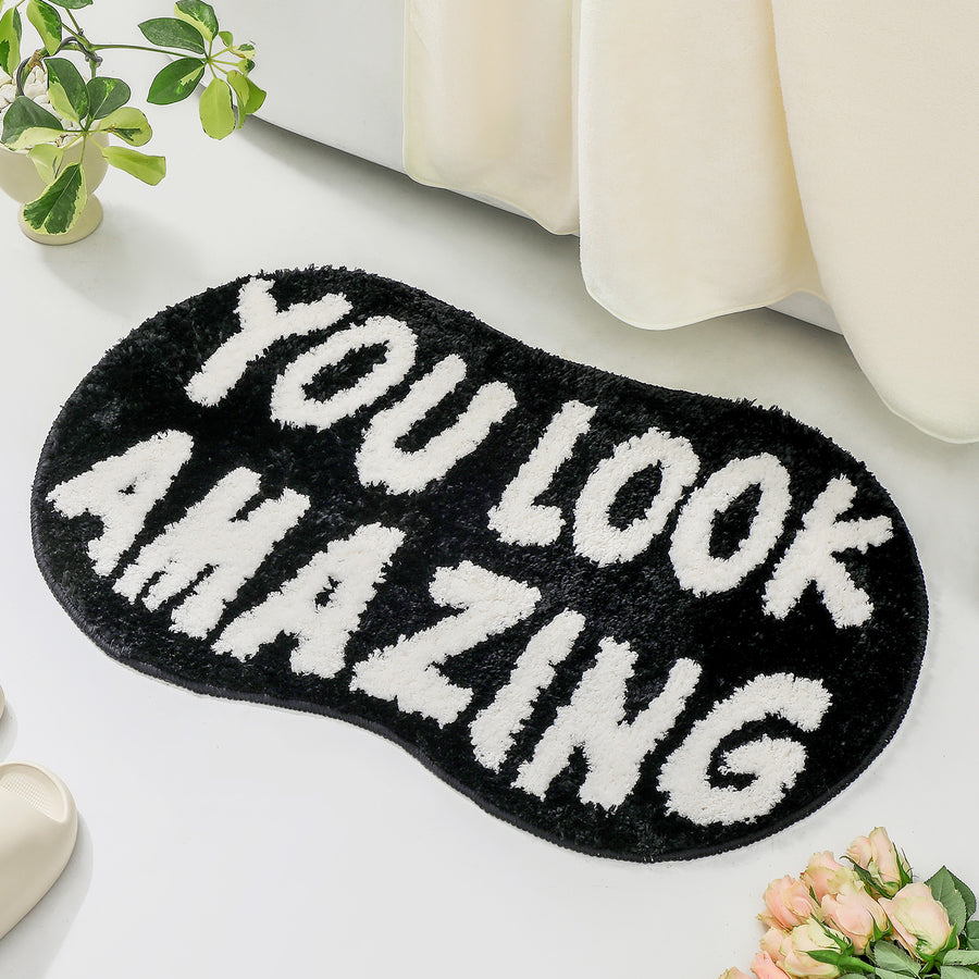 Feblilac Black and White You Look Amazing Irregular Tufted Bath Mat
