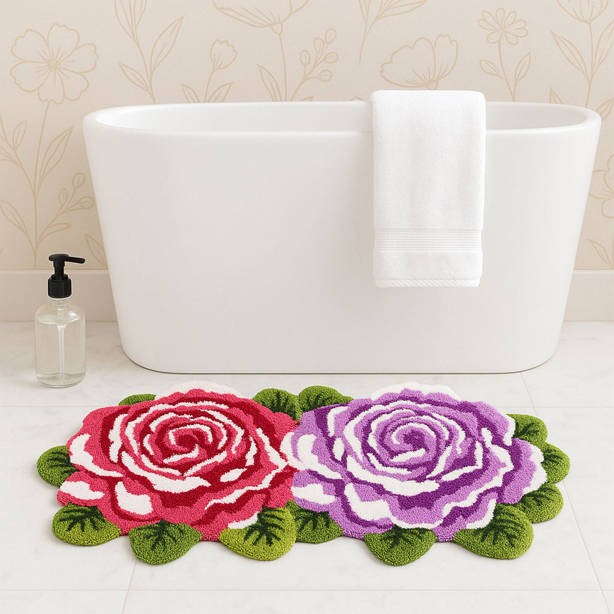 Feblilac Two Flowers tufted bath mat in a bright bathroom beside the bathtub