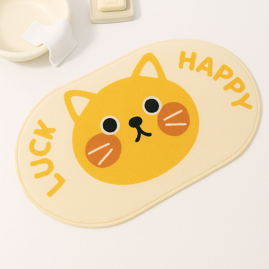 Feblilac Lucky Happy Cat Bath Mat – Cute Oval Rug for Bathroom & Entryway