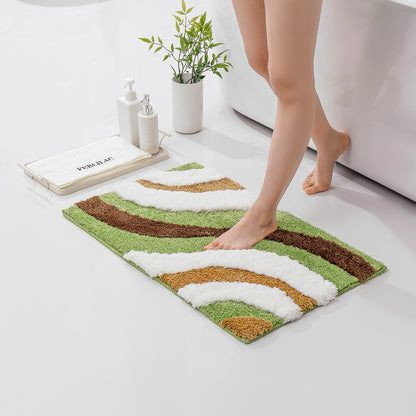 Feblilac Green, White and Brown Curves Tufted Bath Mat