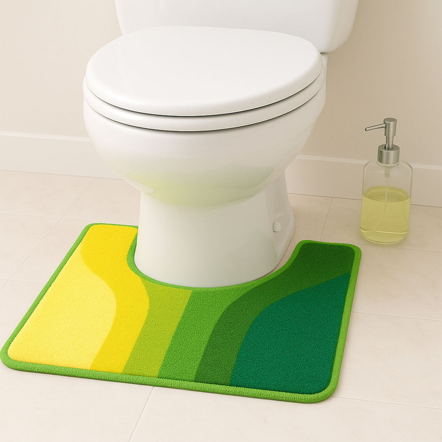 Feblilac Yellow Green Wave Toilet Mat, U-Shape Mat for Bathroom Toilet