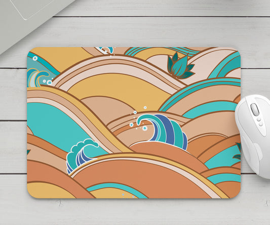 Feblilac Yellow and Blue Japanese Waves Mouse Pad