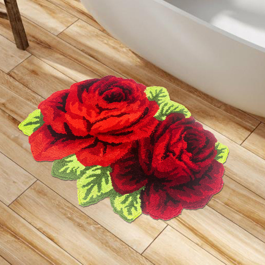 Feblilac 2 Red Flowers Tufted Bath Mat