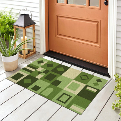 Feblilac Green Geometric Grid PVC Coil Door Mat