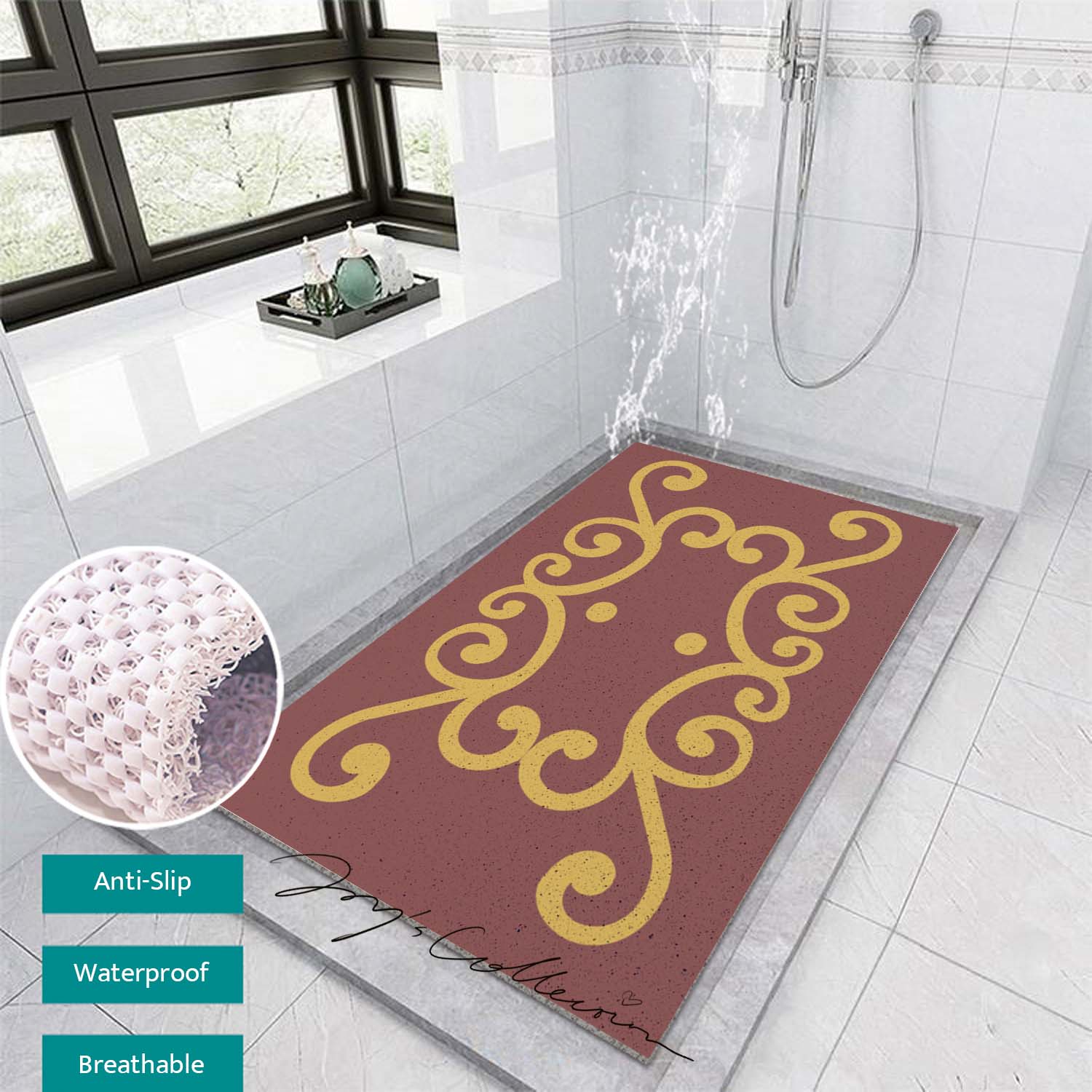 Feblilac Red Background Baroque Pattern PVC Coil Bathtub Mat and Shower Mat