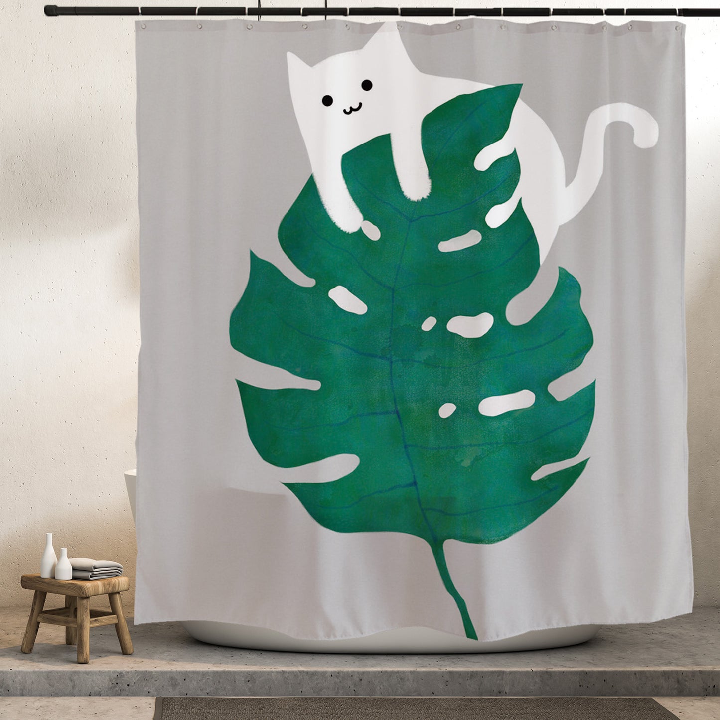 Feblilac Cat and Monstera Shower Curtain with Hooks