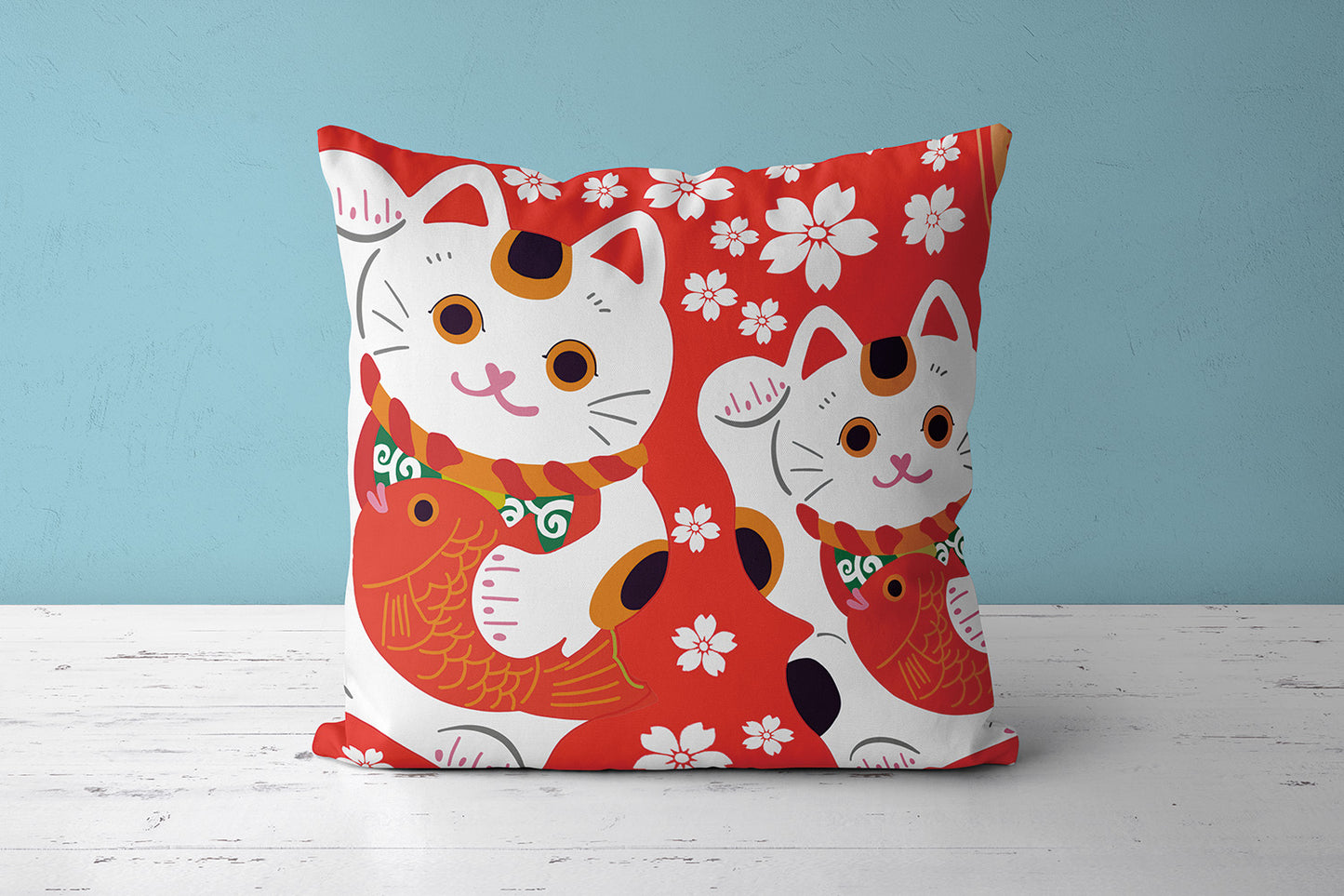 Feblilac Red Background White Sakura Lucky Cat Cushion Covers Throw Pillow Covers