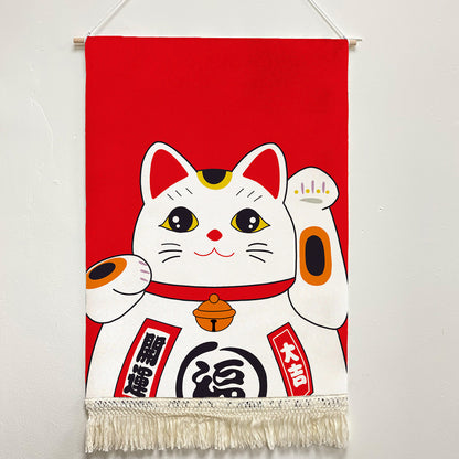 Feblilac Red Lucky Cat Handmade Macrame Hanging Wall Decor Art