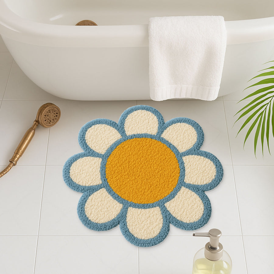 Feblilac Irregular White Flower Mat Rug Carpet, Blue and White Floral Bath Mat - view 2