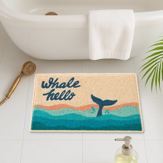 Feblilac Whale Hello Bath Mat – Nautical Ocean Themed Bathroom Rug, Soft & Absorbent, Non-Slip, Machine Washable