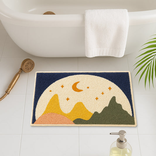Feblilac Moon & Mountain Tufted Bath Mat – Soft Non-Slip Absorbent Bathroom Rug