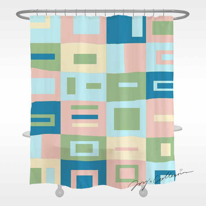 Feblilac Pink and Blue Square Geometric Shower Curtain
