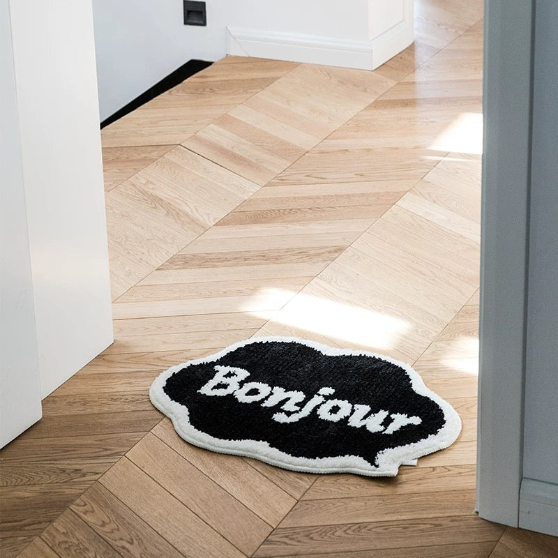 Feblilac Cute Black and White Bonjour Bath Mat, Hello Bathroom Rug