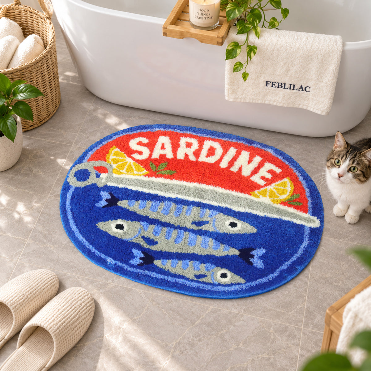 Feblilac Sardine Tin Tufted Bath Mat, Funny Fish Rug