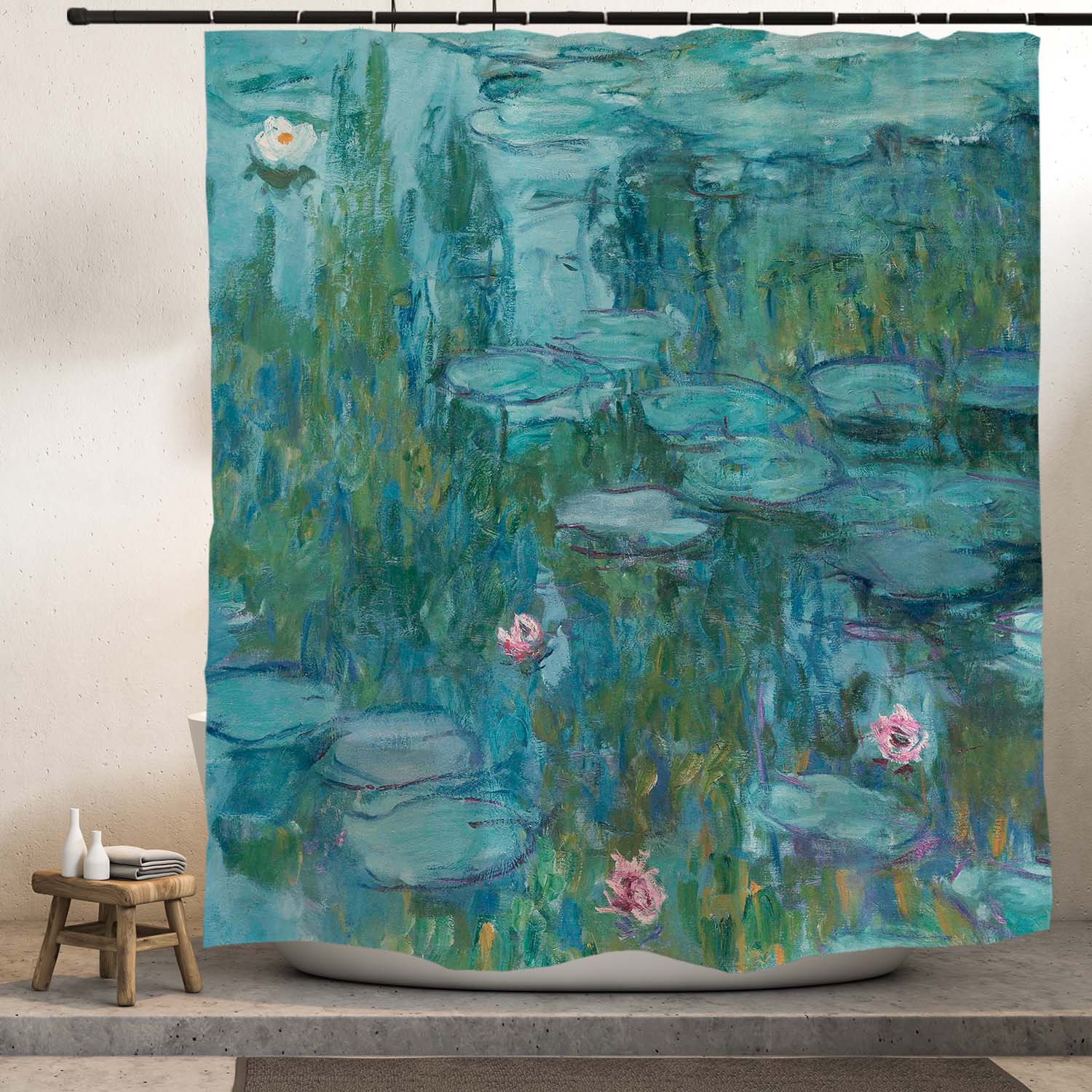 Feblilac Oil Painting Water Lily Shower Curtain with Hooks