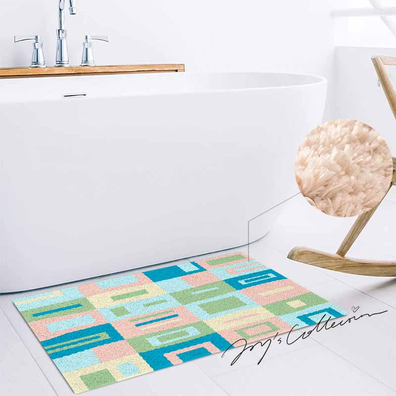 Feblilac Pink and Blue Square Geometric Tufted Bath Mat
