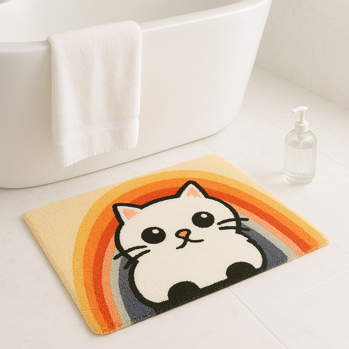 Feblilac Semicircular Rainbow Cat Tufted Bath Mat