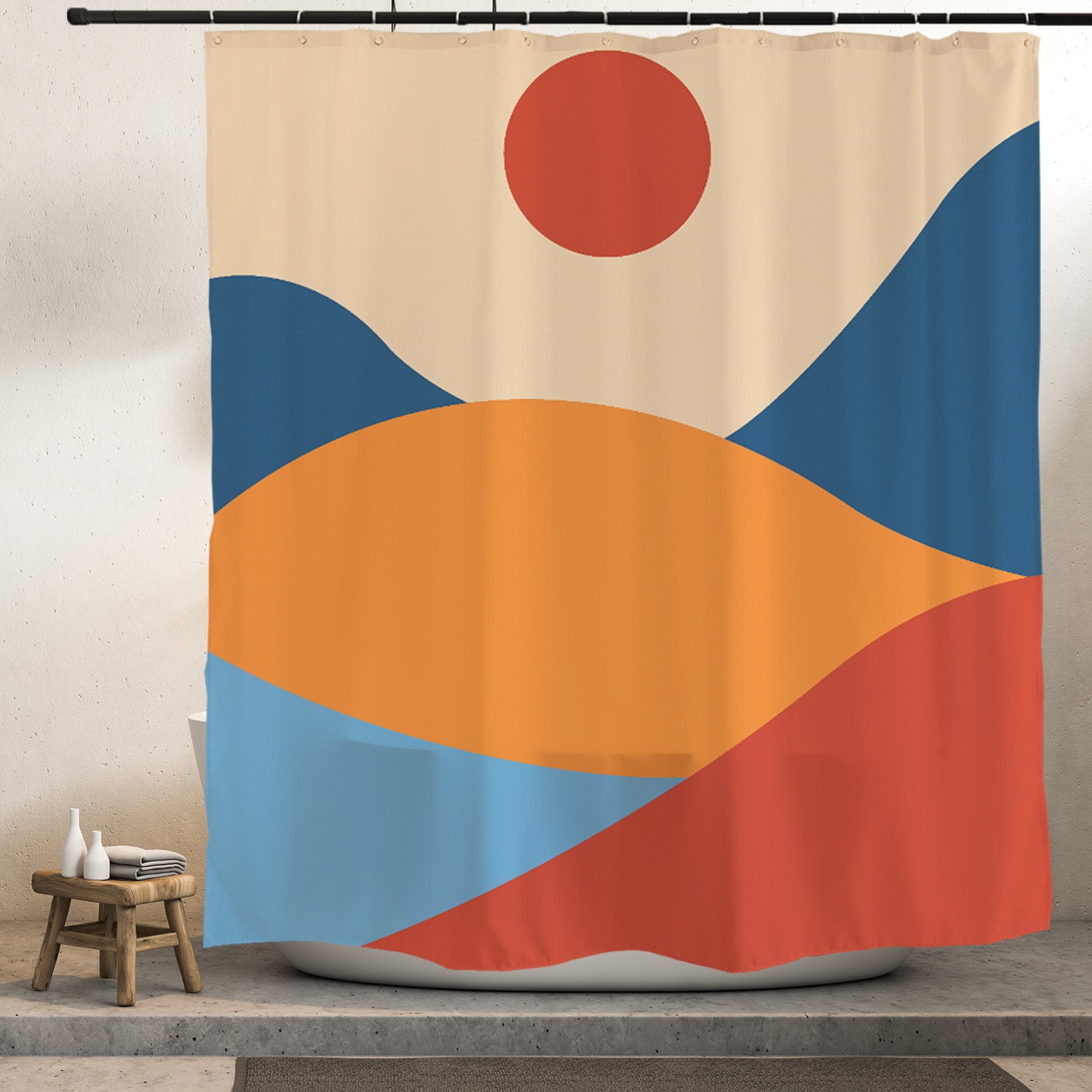 Feblilac Red Blue Sunset Mountains Shower Curtain with Hooks