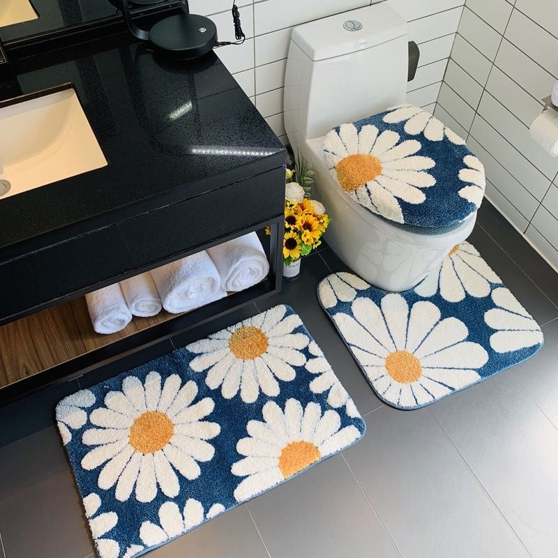 Feblilac Nave Blue Daisy Bath Mat Set, Flower Floral Bathroom Rug Set, Toilet Cover Mat