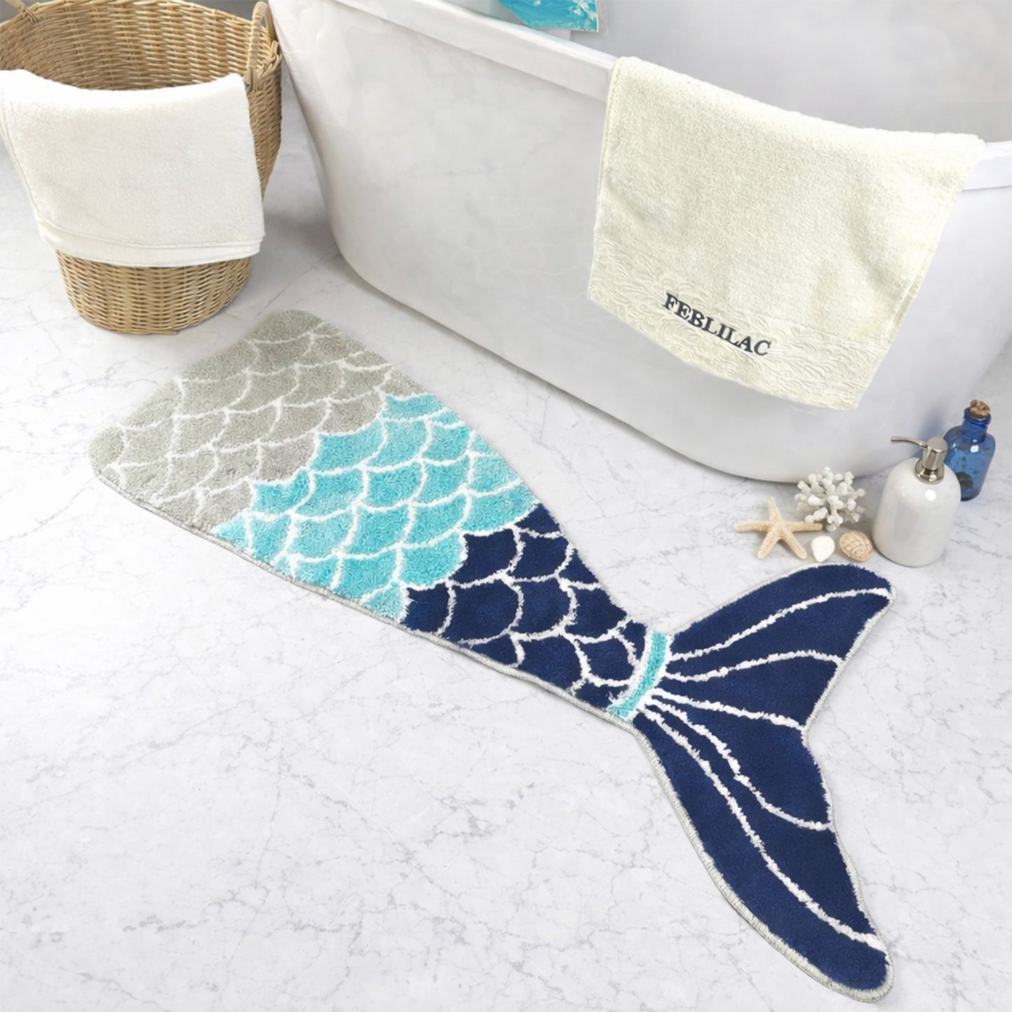 Feblilac Cute Blue Mermaid Tail Bedroom Bathroom Runner Mat