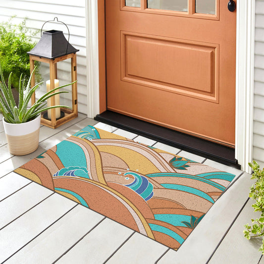 Feblilac Yellow and blue Japanese Waves PVC Coil Door Mat