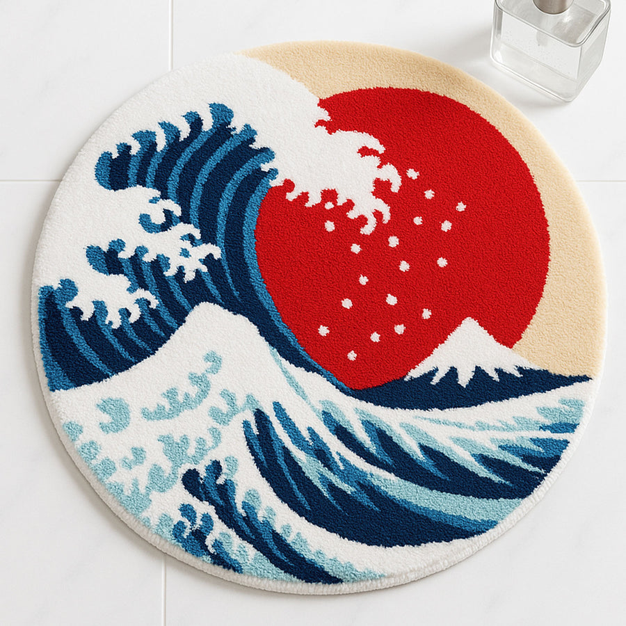 Feblilac Round Japanese Wave Bath Mat – Soft Tufted Rug with Red Sun Design for Bathroom or Entryway