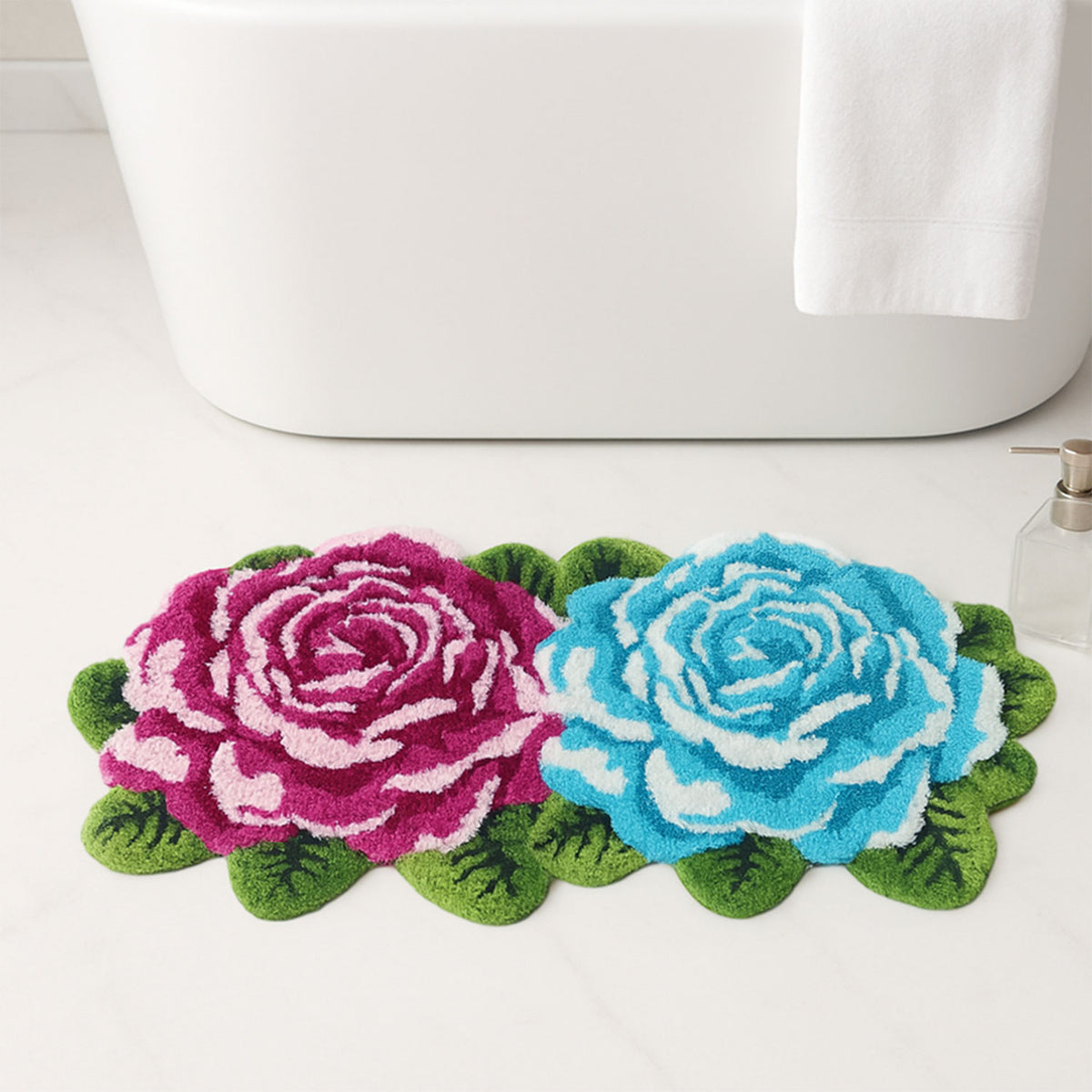 Feblilac Two Flowers tufted bath mat in a bright bathroom beside the bathtub