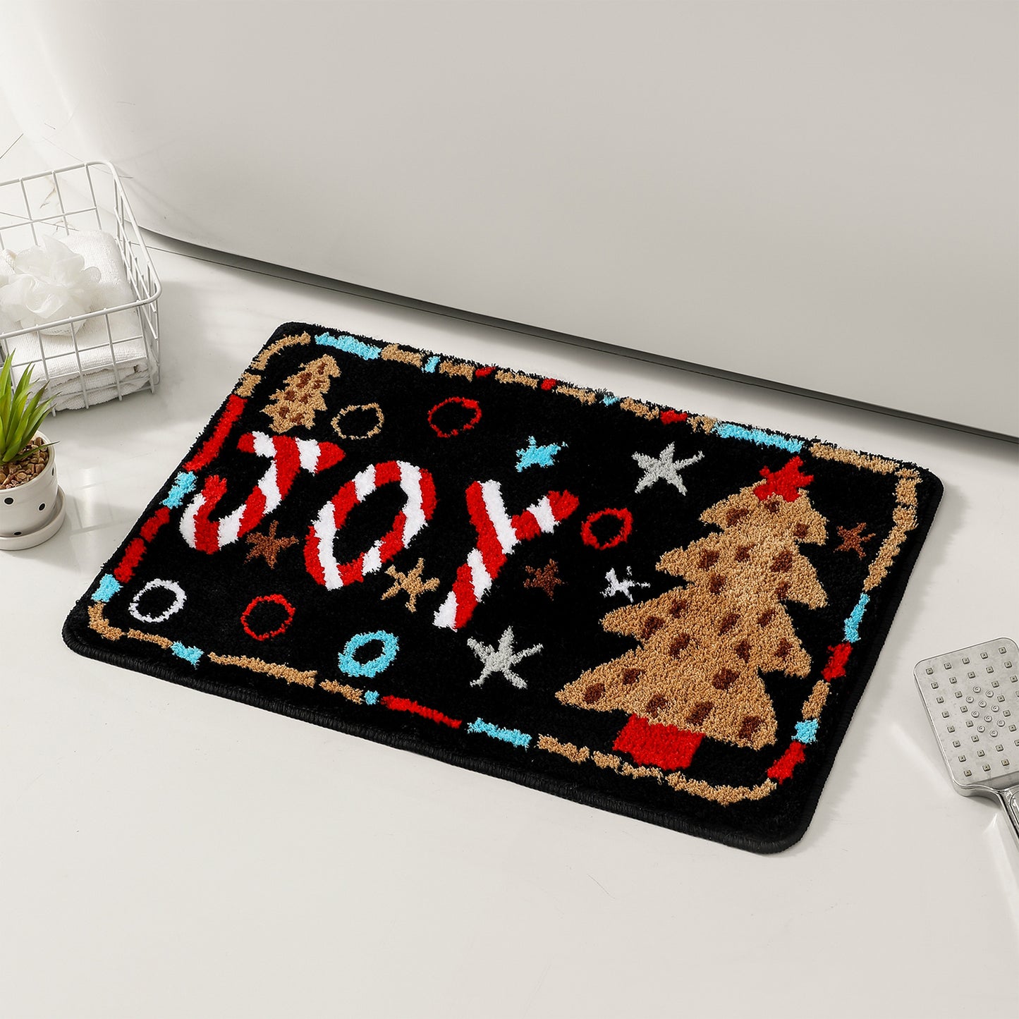 Christmas JOY Bath Mat, Pine Tree Holiday Decor Bathroom Rug, 15"x23"