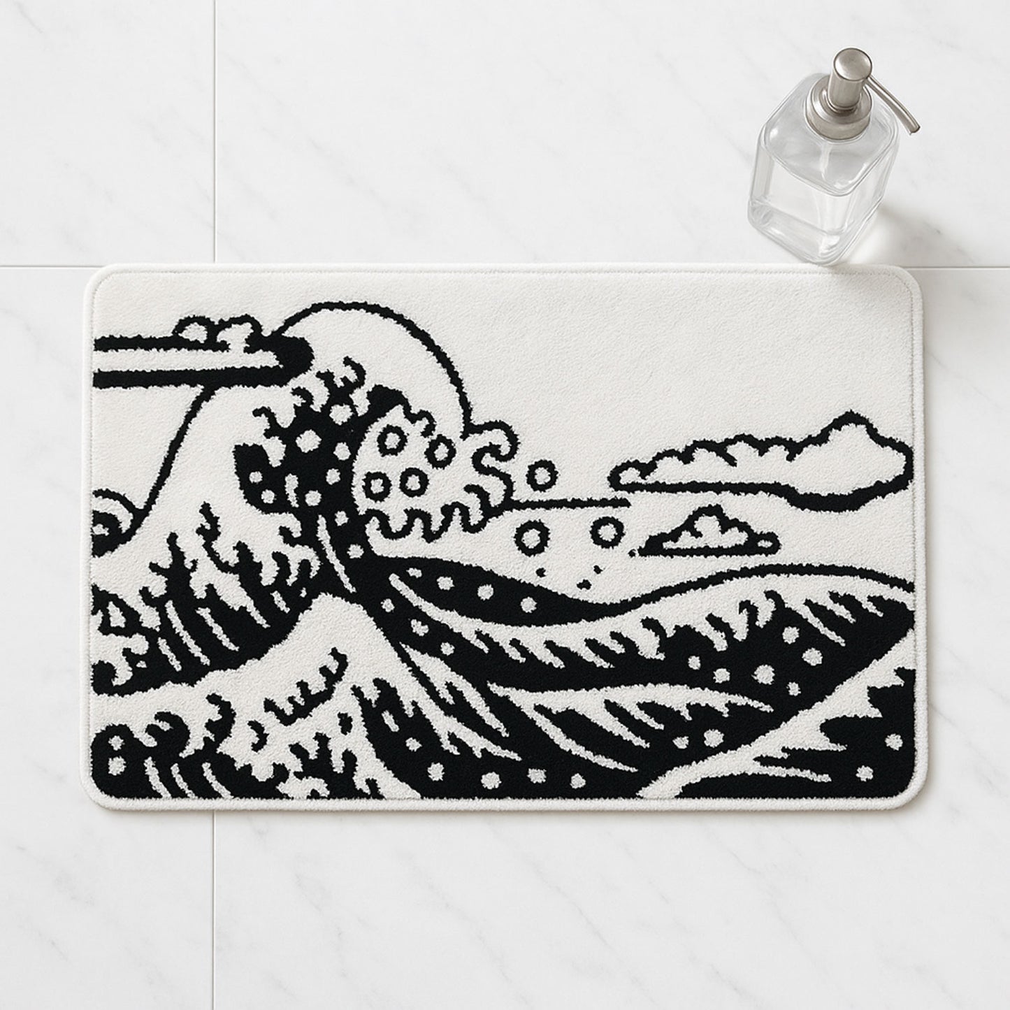 Feblilac Black and White Great Wave Bathroom Rug, Japanese Style Bathmat