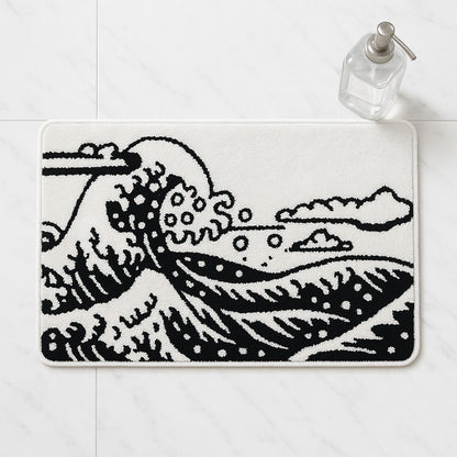 Feblilac Black and White Great Wave Bathroom Rug, Japanese Style Bathmat