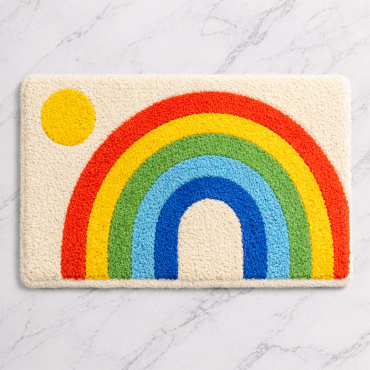 Feblilac Retro Rainbow Arch Bath Mat – Colorful Non-Slip Bathroom Rug with Sun Design