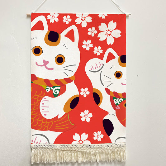 Feblilac Red Background White Sakura Lucky Cat Handmade Macrame Hanging Wall Decor Art