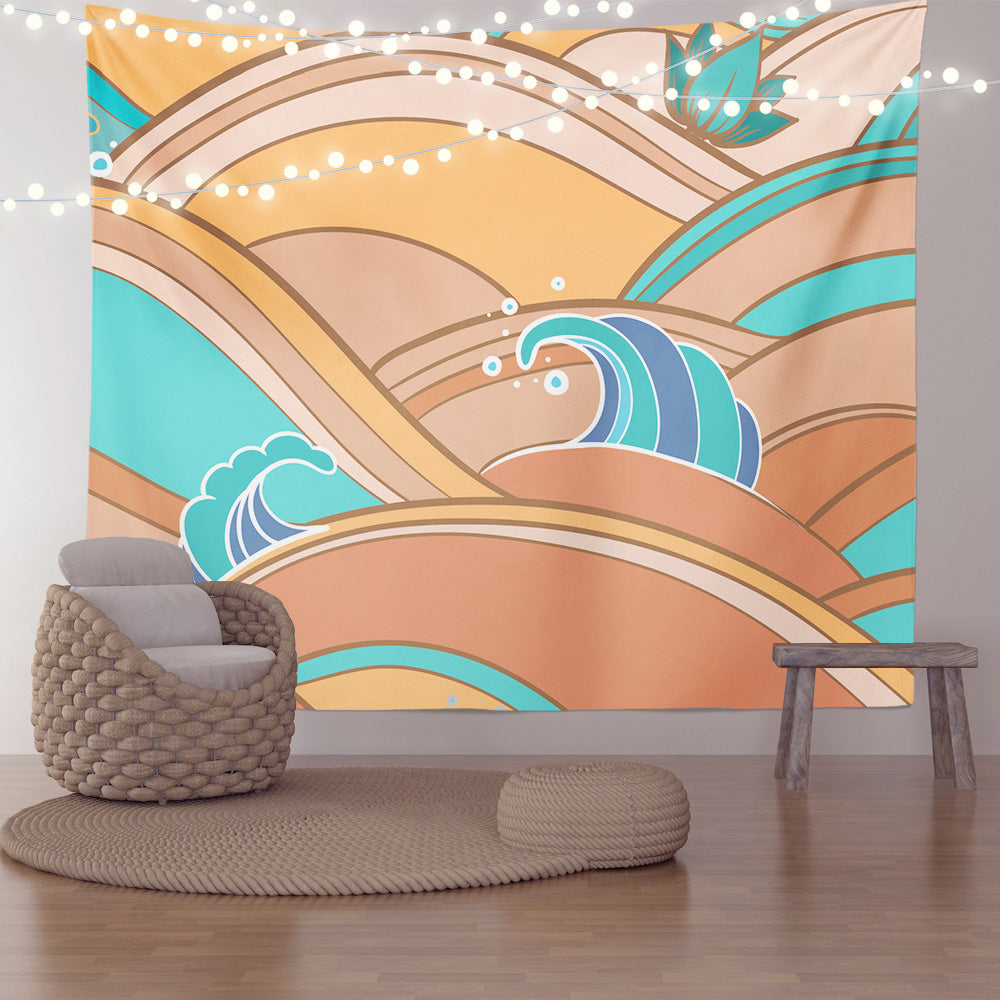 Feblilac Yellow and Blue Japanese Waves Tapestry