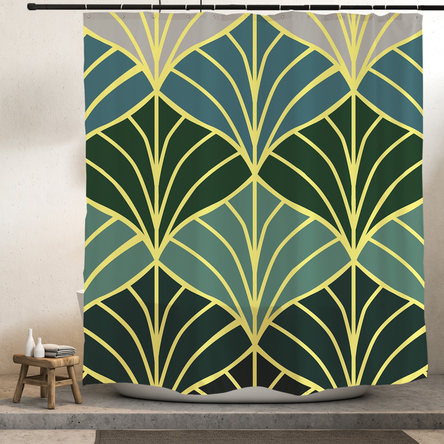 Feblilac Golden Green Ginkgo Leaves Shower Curtain with Hooks
