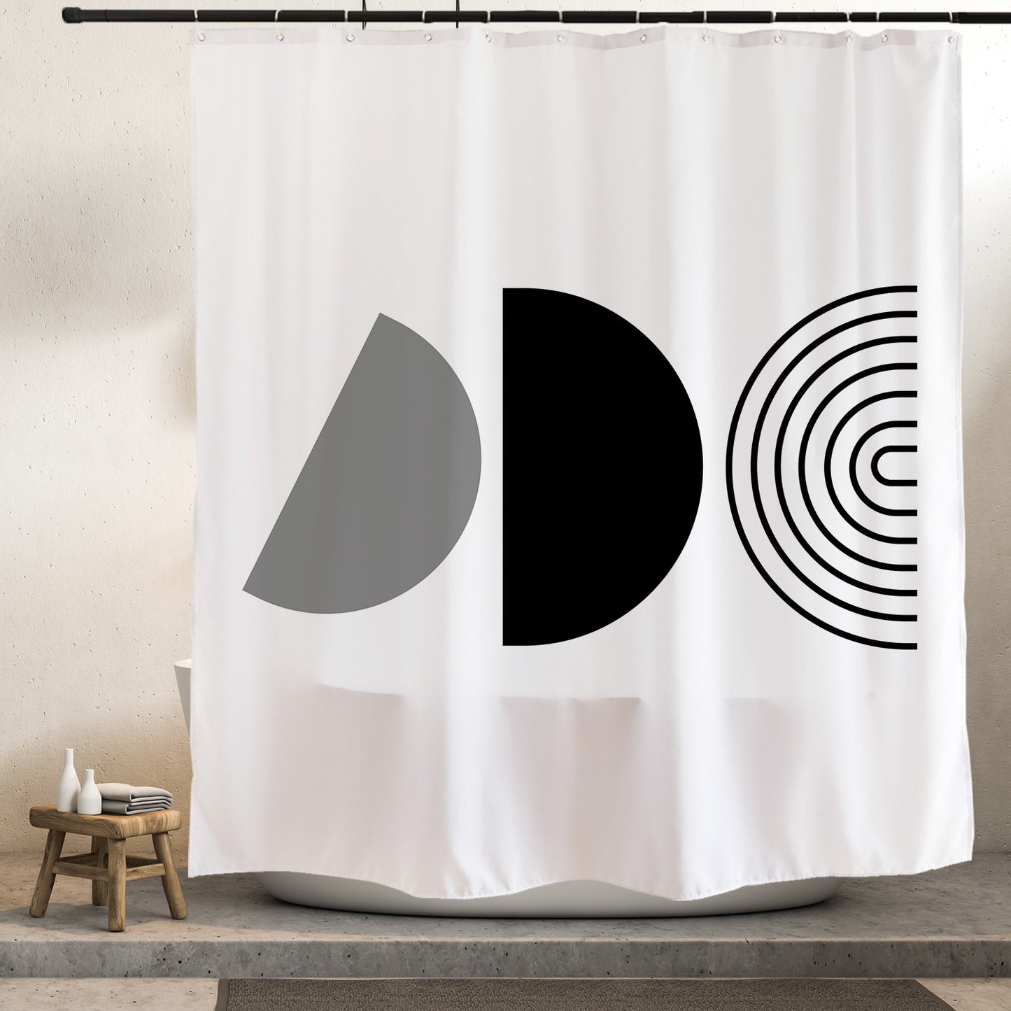 Feblilac Black and White Line Semicircle Shower Curtain with Hooks