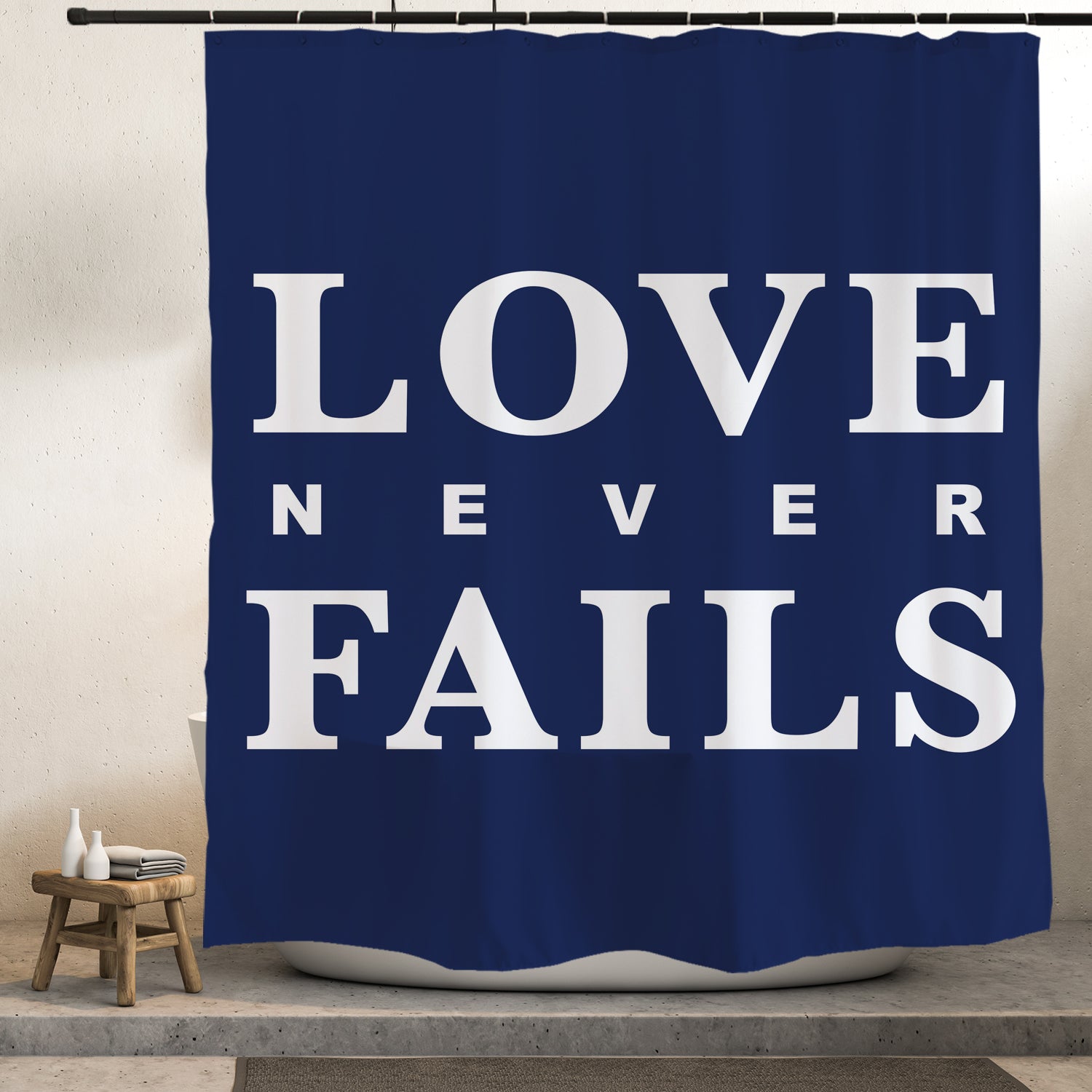 Feblilac Blue Background Love Never Falls Shower Curtain with Hooks